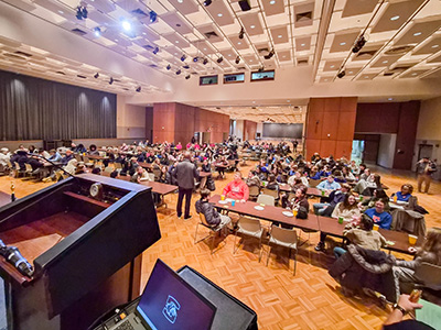 SIU Chancellor Austin Lane addresses a group of students during Accounting Challenge.