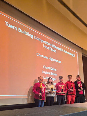 Students from Centralia High School pose after receiving first place at the Accounting Challenge